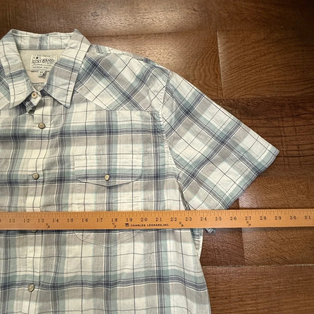 Lucky Brand Western Shirt Mens XXL Blue Plaid Saturday Stretch Short Sleeve Snap